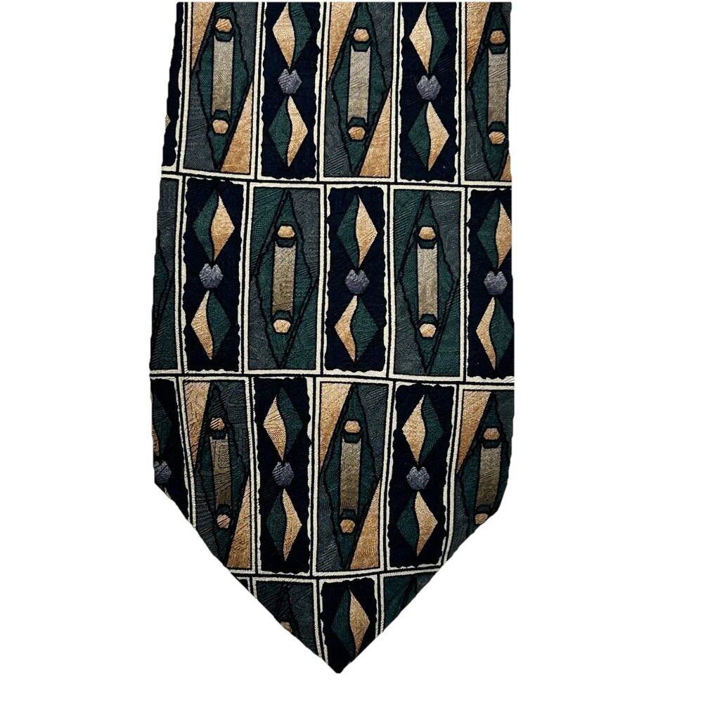 Torriani Mens Necktie Tie Green Blue Brown Geometric 58" 100% Silk USA Made Wide